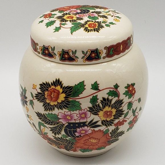 Sadler England Vintage Hand Painted Ceramic Indian Peony Lidded Ginger Jar - Picture 13 of 15